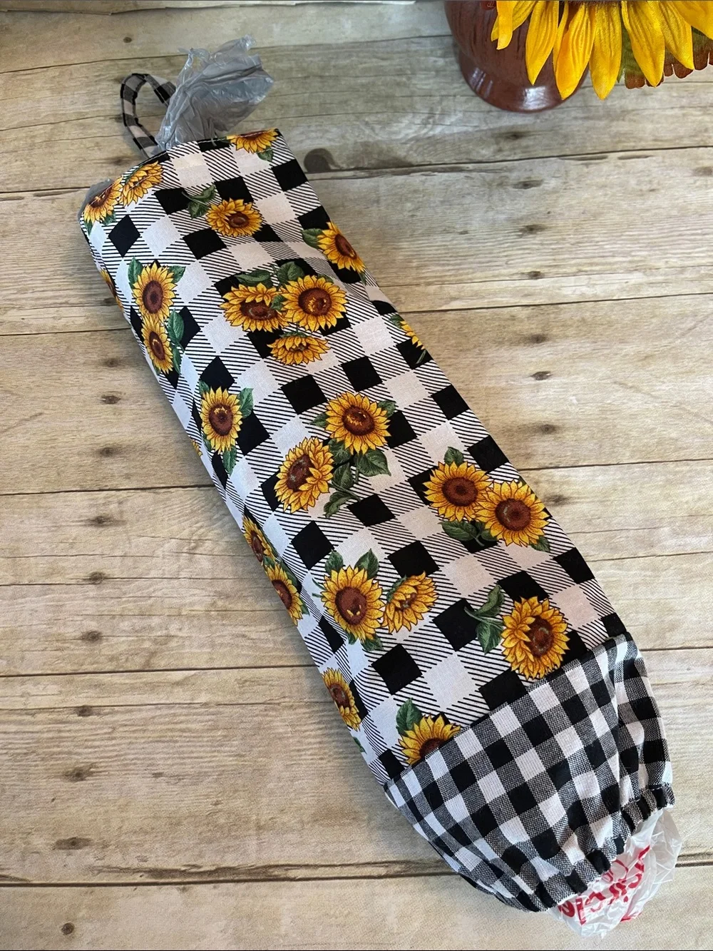 Grocery Bag Holder Sunflower & Buffalo Check Cotton Sac Holder Organizer